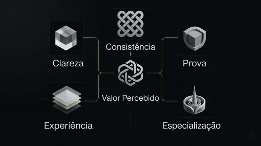 Diagrama premium mostrando os fatores que aumentam valor percebido em uma marca: clareza, prova, consistência, experiência e especialização