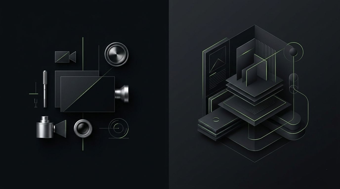 Composição editorial premium mostrando a diferença estratégica entre produção de vídeo e branding audiovisual