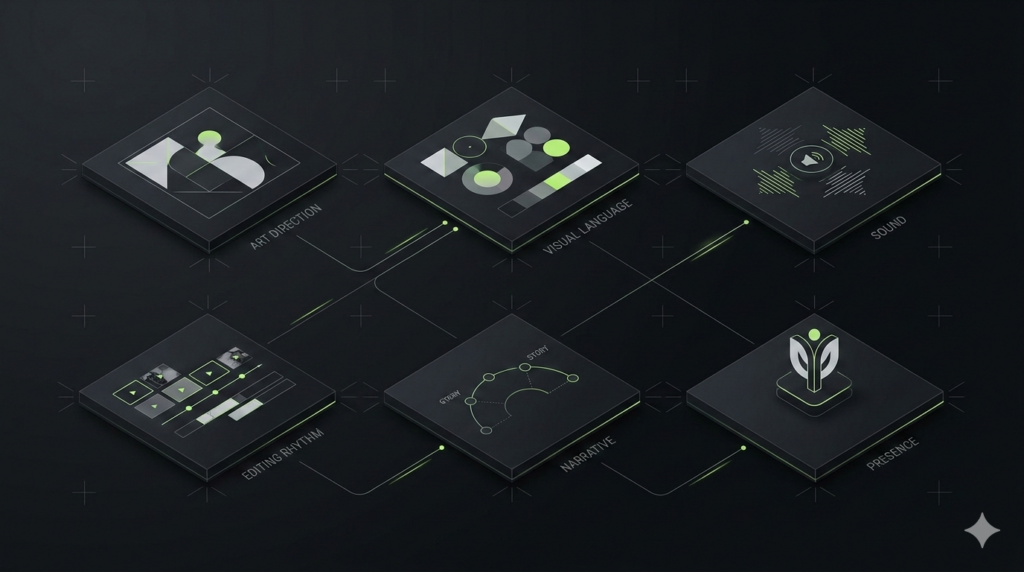 Diagrama premium dos elementos do branding audiovisual com direção de arte, linguagem visual, som, edição, narrativa e presença