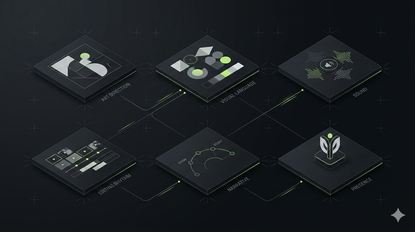 Diagrama premium dos elementos do branding audiovisual com direção de arte, linguagem visual, som, edição, narrativa e presença
